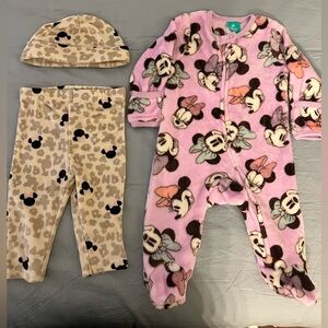 Disney Lavender Minnie Mouse Fleece Onesie & Hat & Pant Set Bundle